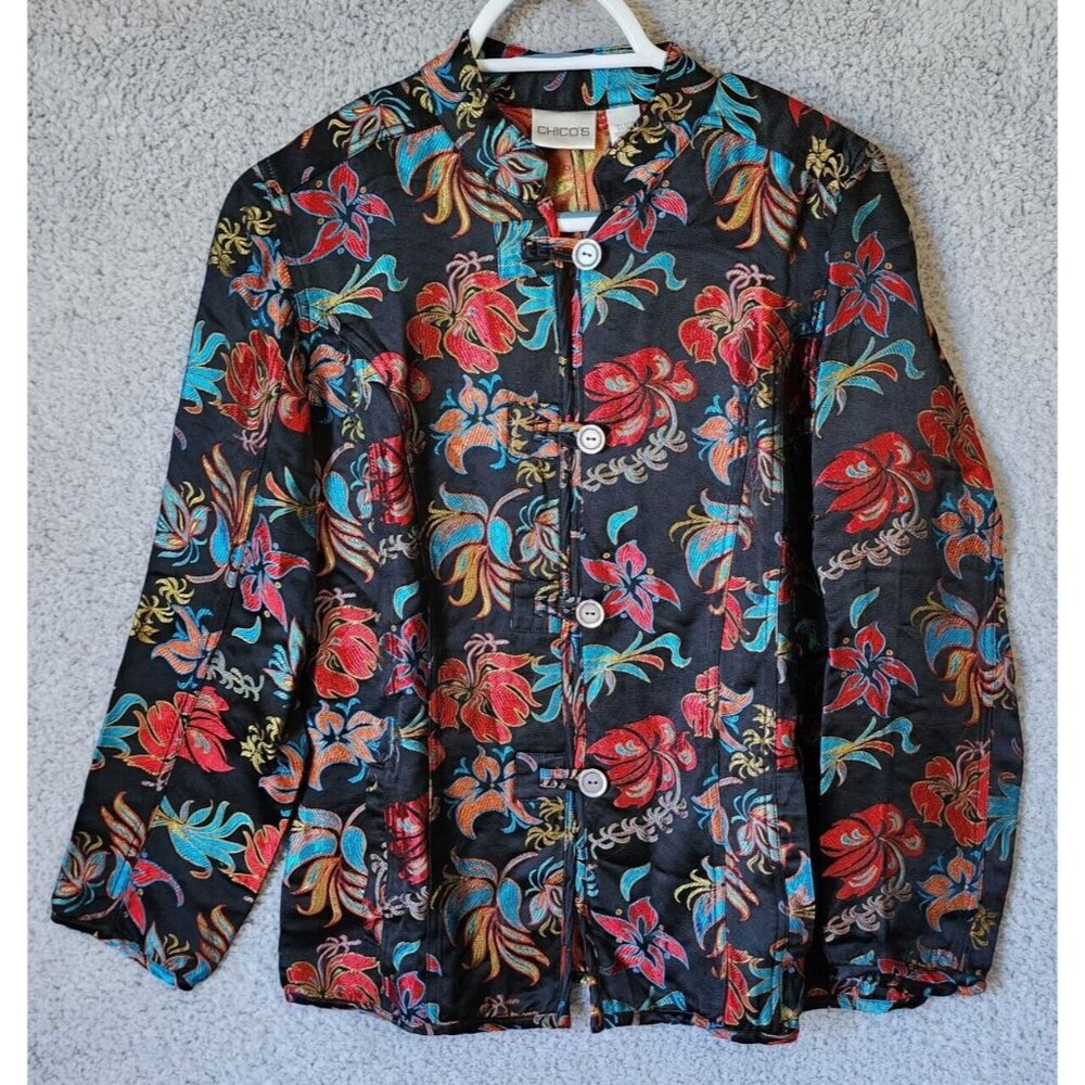 Chicos Women's Long Sleeve Button Up Mandarin Collar Top Floral Silk Blend 1 (M)